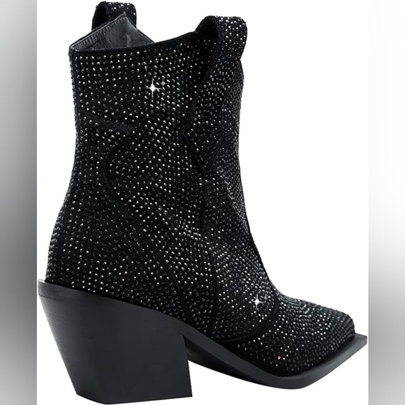 Beautiful Black Rhinestone Crystal Diamante Western Ankle Boots - Picture 5 of 6